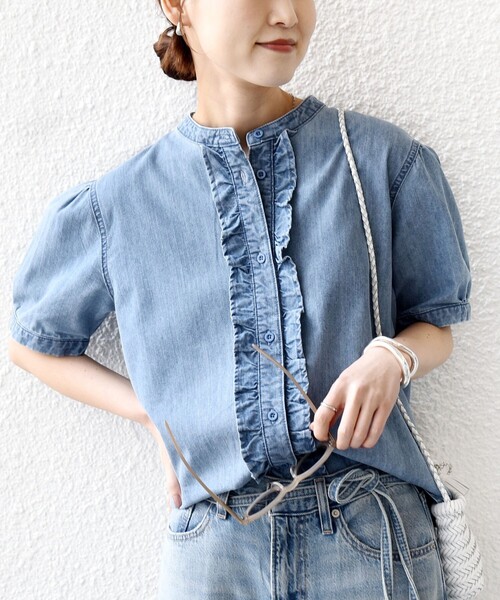 【新品】SHIPS　フリルブラウス　レディース　半袖〜七分袖　春夏 SHIPS（シップス） ブラウス シャツ 「手洗い可能」ストライプ フリル