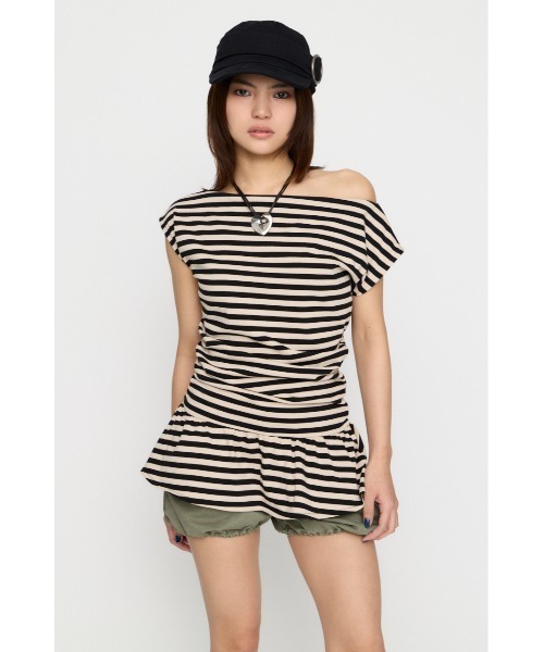 LAGUA GEM OFF SHOLDER PRINT チュニック LAGUA GEM（ラグアジェム） tシャツ BORDER DRAPE FRILL チュニック