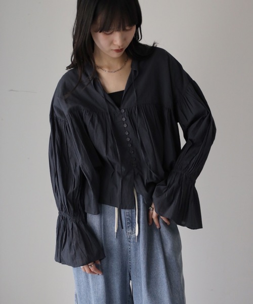 YENNA ブラウス シャツ インド綿ギャザー切替エアリーボリュームシアー