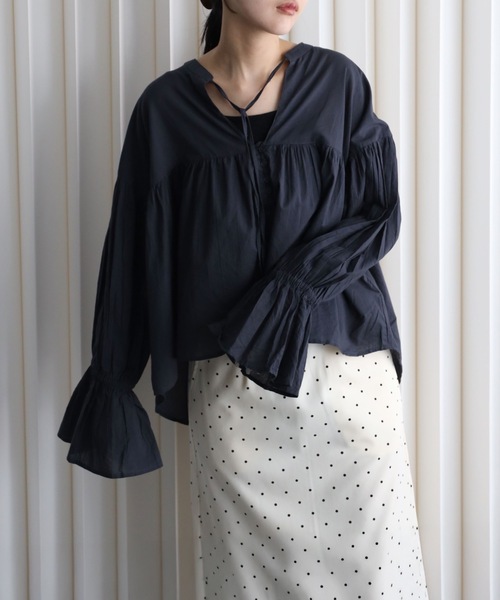 YENNA ブラウス シャツ インド綿ギャザー切替エアリーボリュームシアー