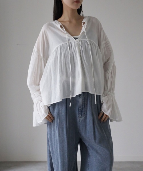 YENNA ブラウス シャツ インド綿ギャザー切替エアリーボリュームシアー