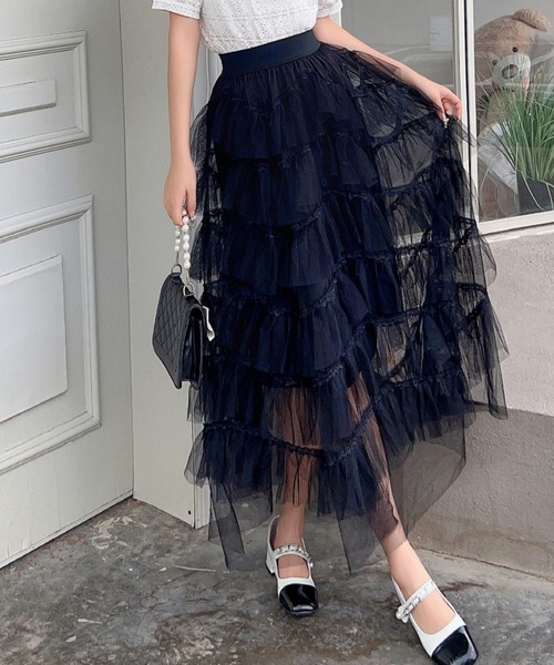 deux amour スカート レース配色チュールティアードボリュームスカート