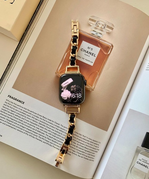 LUON 腕時計 / Apple Watch Band ブラック ゴールドチェーン