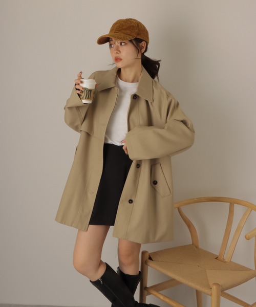 ジャケット・アウター NEWORDER Patchwork Soutien Collar Coat Loose soutien collar middle coat / ルーズステンカラーミドルコート