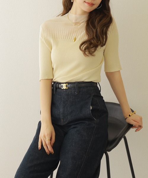 ◇スリーブシアーハイネックリブニット◇ ニット セーター sheer design half sleeve lib knit /ハイネック