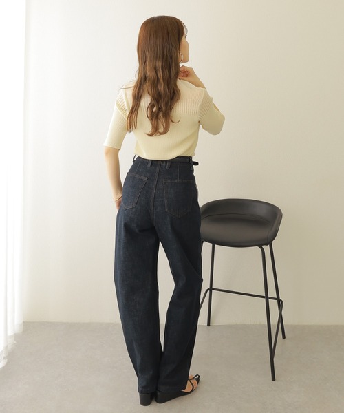 ニット セーター sheer design half sleeve lib knit /ハイネック