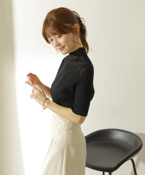 ニット セーター sheer design half sleeve lib knit /ハイネック