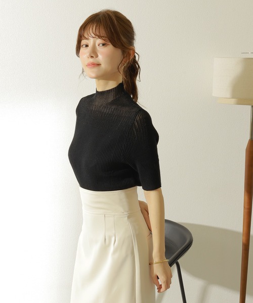 タートルネック ニット セーター sheer design half sleeve lib knit