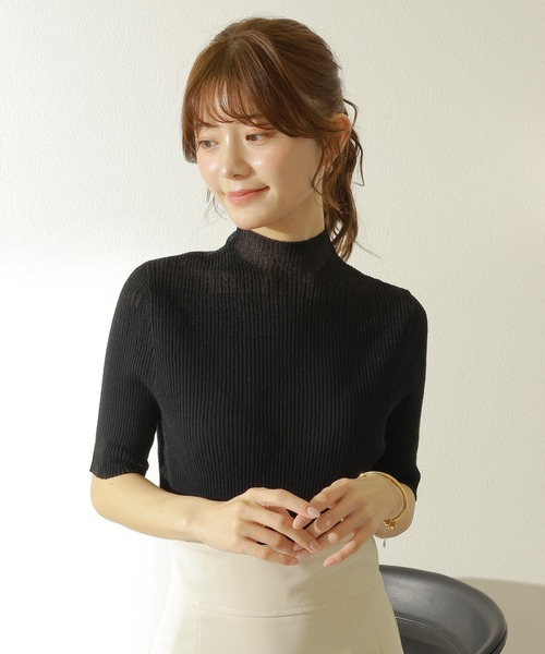 ニット セーター sheer design half sleeve lib knit /ハイネック