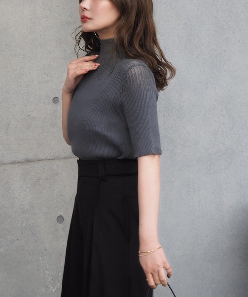 ニット セーター sheer design half sleeve lib knit /ハイネック