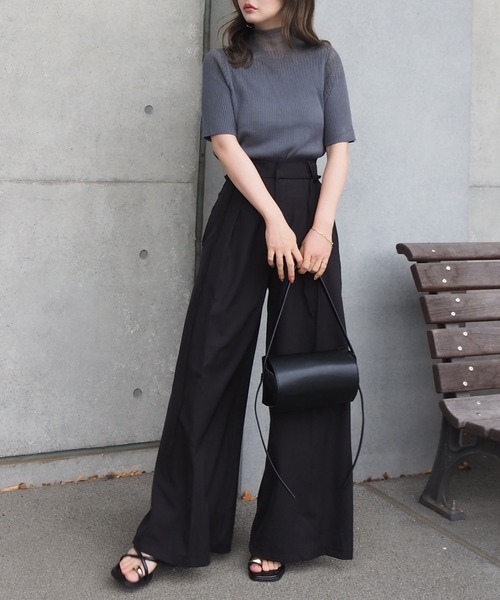ニット セーター sheer design half sleeve lib knit /ハイネック