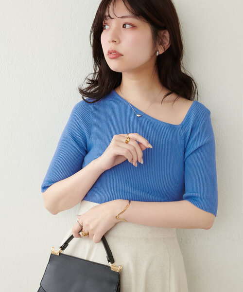 natural couture ニット セーター アシメネックリブ半袖ニット