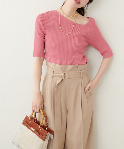 natural couture ニット セーター アシメネックリブ半袖ニット