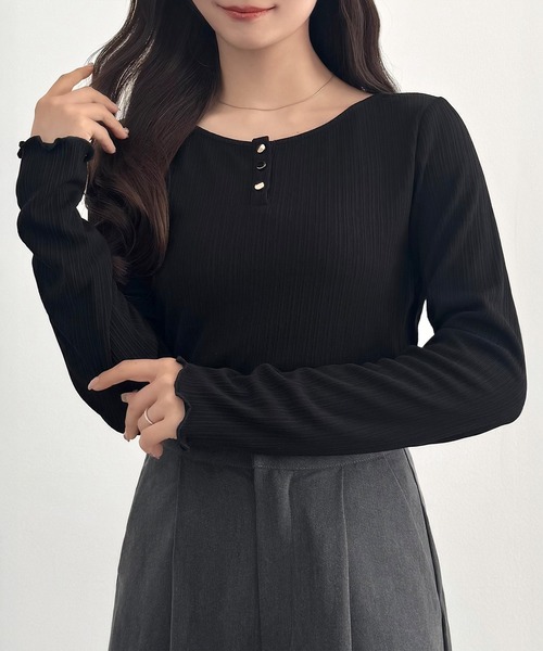 りんりん【新品】ダムフランク リブカットソー トップス CENEA（セネア） tシャツ 薄手フロント釦ランダムリブカットソー