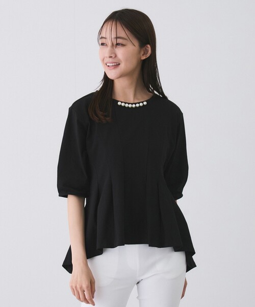 tシャツ パール付きペプラムカットソー レディース