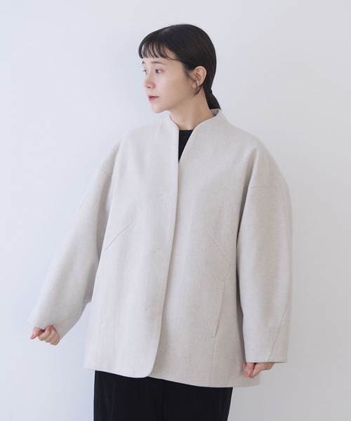 yuni ノーカラーコート コート ウールsuper100 middle length cocoon