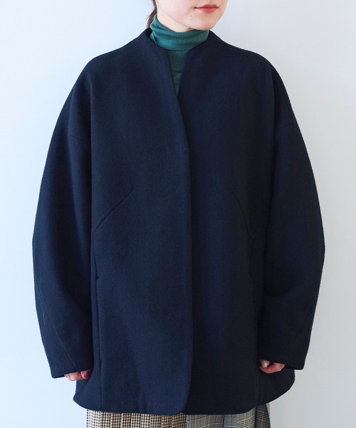 yuni ノーカラーコート コート ウールsuper100 middle length cocoon