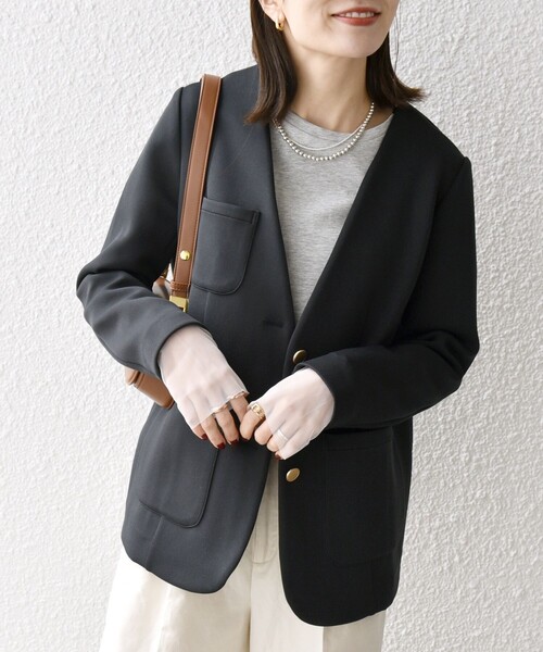 「SHIPS any」 ノーカラージャケット ONE SIZE ネイビー レディース_画像4