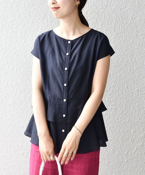 新品✨定価１.３万❤️　ネイビー　麻　2WAYリネンミックスペプラムブラウス SHIPS シャツ ブラウス *「手洗い可能」2WAYリネンミックス
