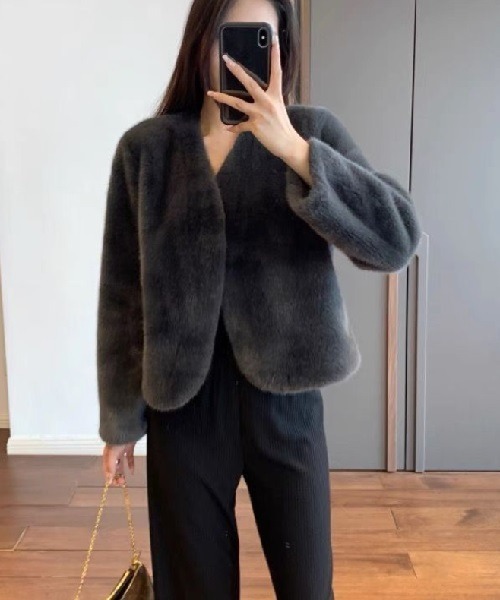 カーディガン 薄綿入りノーカラーフェイクファージャケット　ドレスボレロ レディース Ritomo De Ricco カーディガン 薄綿入りノーカラーフェイク