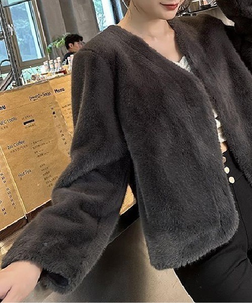 カーディガン 薄綿入りノーカラーフェイクファージャケット　ドレスボレロ レディース Ritomo De Ricco カーディガン 薄綿入りノーカラーフェイク