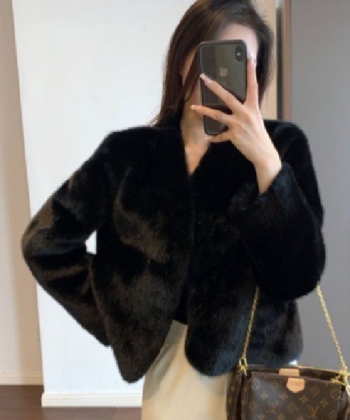 カーディガン 薄綿入りノーカラーフェイクファージャケット　ドレスボレロ レディース Ritomo De Ricco カーディガン 薄綿入りノーカラーフェイク