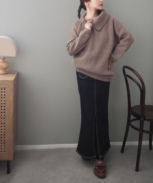 ニット セーター turtleneck double zip knit top /タートルネック ダブルジップ ニット トップス レディース turtleneck double zip knit top /タートルネック ダブルジップ
