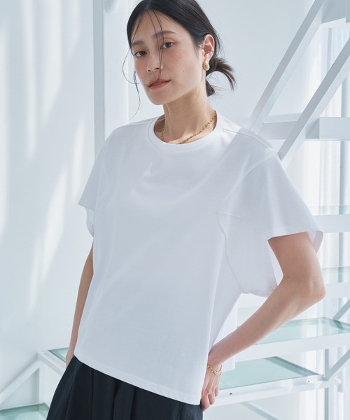 tシャツ クルーネック切替半袖トップス-手洗い可- レディース