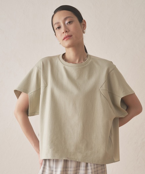 tシャツ クルーネック切替半袖トップス-手洗い可- レディース Audrey and John Wad tシャツ クルーネック切替半袖トップス