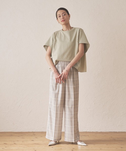 tシャツ クルーネック切替半袖トップス-手洗い可- レディース Audrey and John Wad tシャツ クルーネック切替半袖トップス