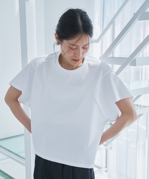 Tシャツワンピース ショート 半袖 バイカラー クルーネック 切替 柄切替バイカラーシャツワンピ | outlet | axes femme online shop