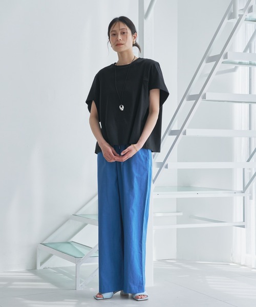 tシャツ クルーネック切替半袖トップス-手洗い可- レディース Audrey and John Wad tシャツ クルーネック切替半袖トップス