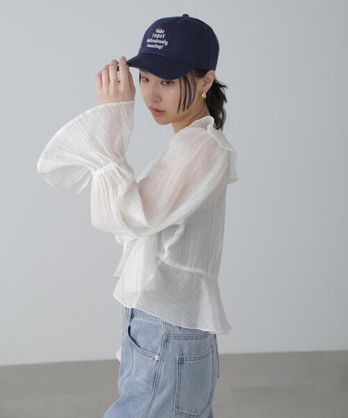 ブラウス　ブルー　新品　F FREE'S MART ブラウス シャツ シアーワッシャーフリルブラウス
