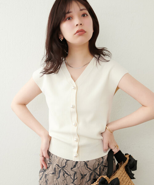 ニット セーター 透かし柄×チュールノースリニット レディース LAUIR ニット セーター 透かし柄ノースリーブニット レディース
