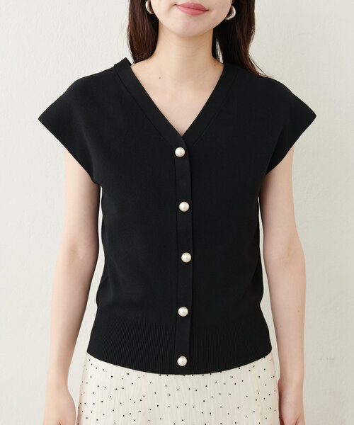 FENNEL黒のノースリーブニット M パール装飾付き natural couture ニット セーター BIGパールノースリニット