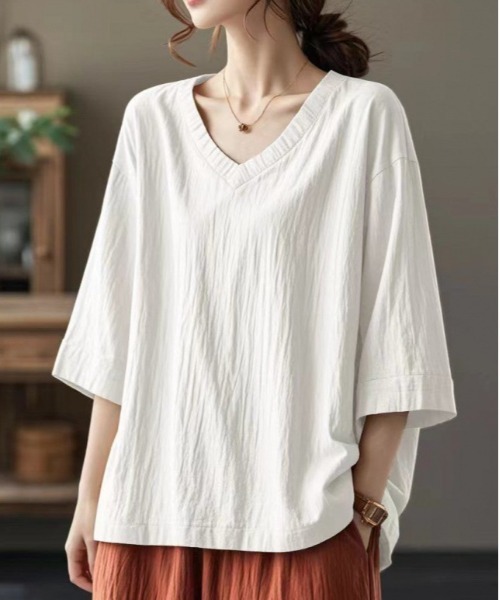 BLANC FICELLE tシャツ 麻混 Vネック 大きいサイズ レディース