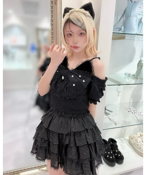 tシャツ リボンネコちゃんオフショルテレコTOPS レディース