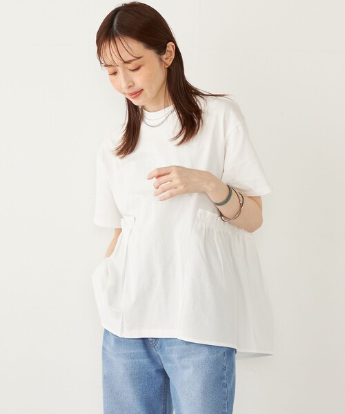 tシャツ SHIPS Colors:「手洗い可能」ドッキング ペプラム ショートスリーブ トップス レディース