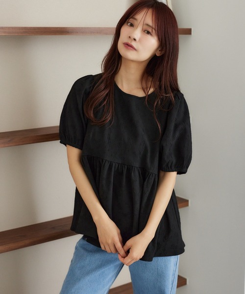ブラウス シャツ フラワージャガードペプラムブラウス   572852 レディース mysty woman ブラウス シャツ フラワージャガードペプラム