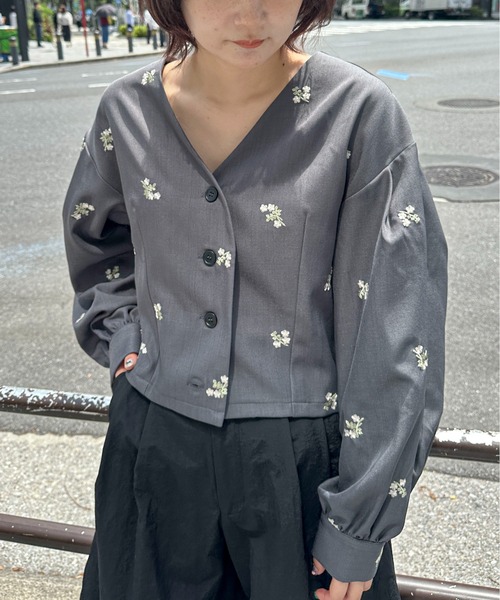 PILIT ブラウス シャツ 「セットアップ可」刺繍クロップドシャツ