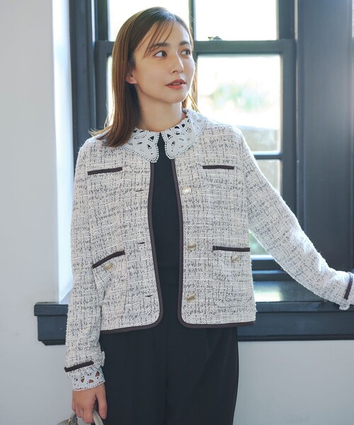 シンゾーン　ツイード　ノーカラージャケット　紺色　36 希少　日本製　長袖 ANY SIS（エニィスィス） ジャケット ノーカラージャケット ツイード