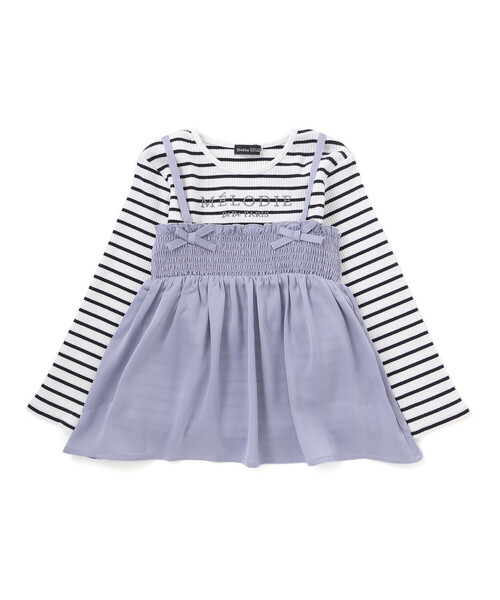 tシャツ ラメジョーゼットシャーリングキャミ+リブボーダー長袖Tシャツセット キッズ 子供服 女の子の画像