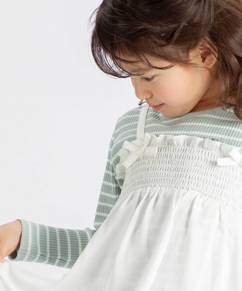 tシャツ ラメジョーゼットシャーリングキャミ+リブボーダー長袖Tシャツセット キッズ 子供服 女の子の画像