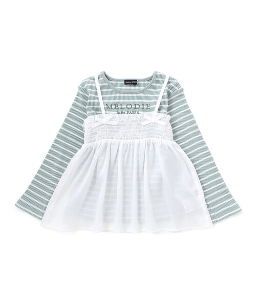 tシャツ ラメジョーゼットシャーリングキャミ+リブボーダー長袖Tシャツセット キッズ 子供服 女の子の画像