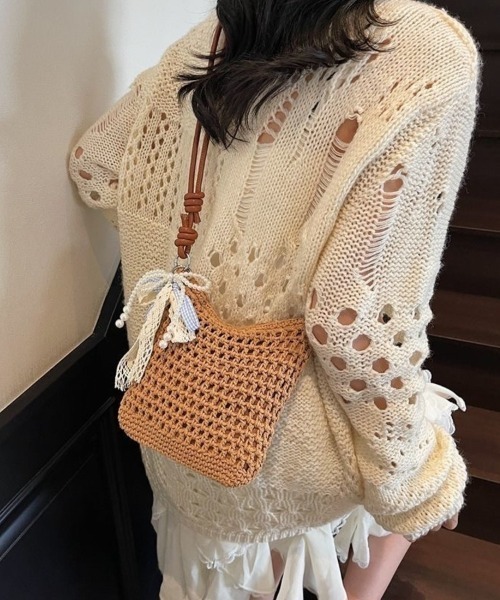 ハンドメイド クロシェバッグ ピンク パールチャーム付き Beststore