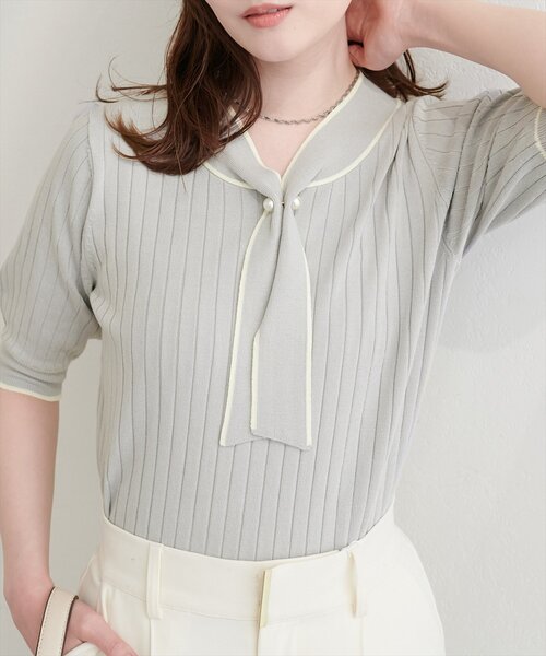 natural couture ニット セーター パール付きボータイバイカラーニット