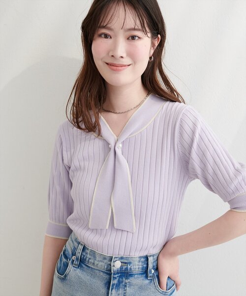 natural couture ニット セーター パール付きボータイバイカラーニット
