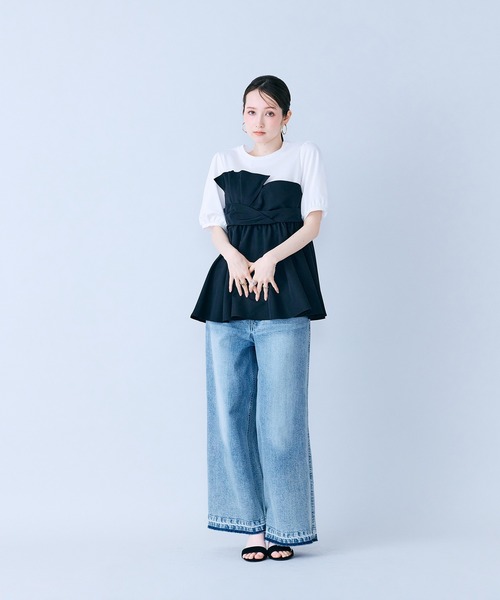 tシャツ タックリボン異素材カットソー レディースの画像