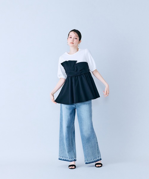 tシャツ タックリボン異素材カットソー レディースの画像