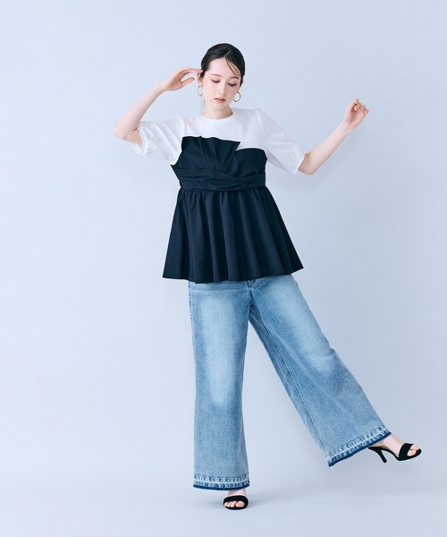 tシャツ タックリボン異素材カットソー レディースの画像